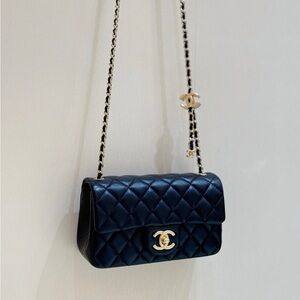 CHANEL Navy Quilted Shoulder Bag with Gold Hardware